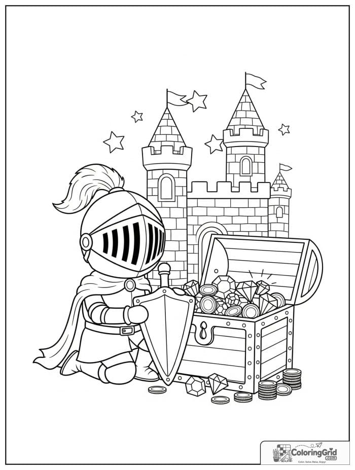 Knight Coloring Pages featuring a knight with an open treasure chest.