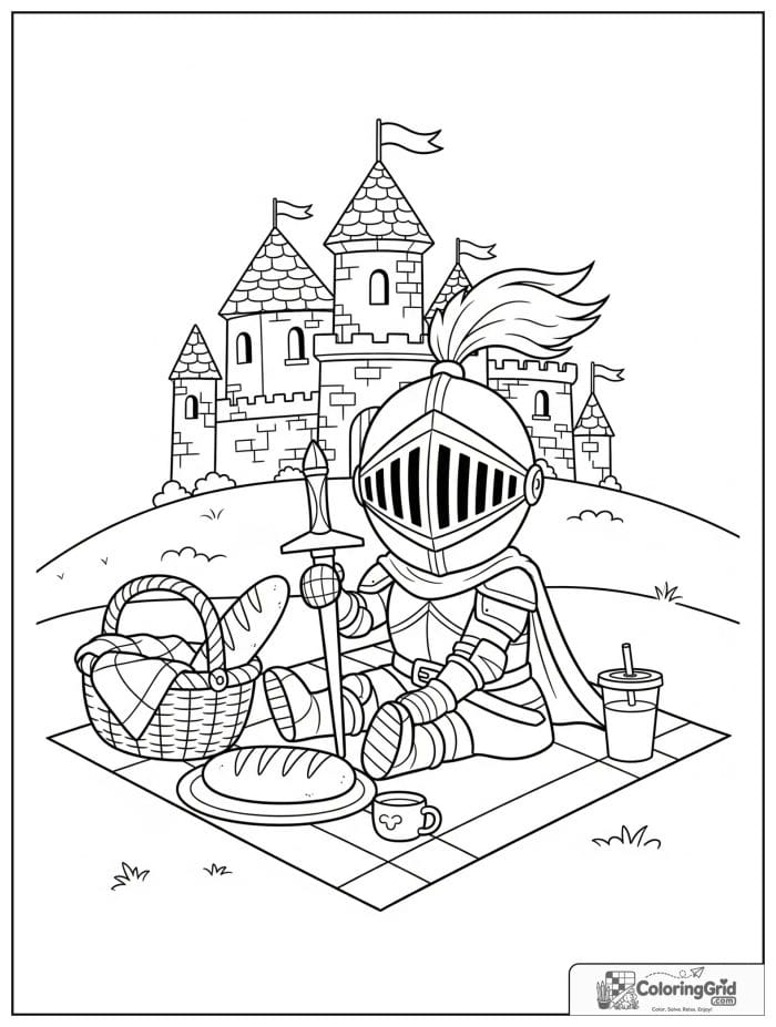 Knight Coloring Pages showing a knight having a picnic by a castle.