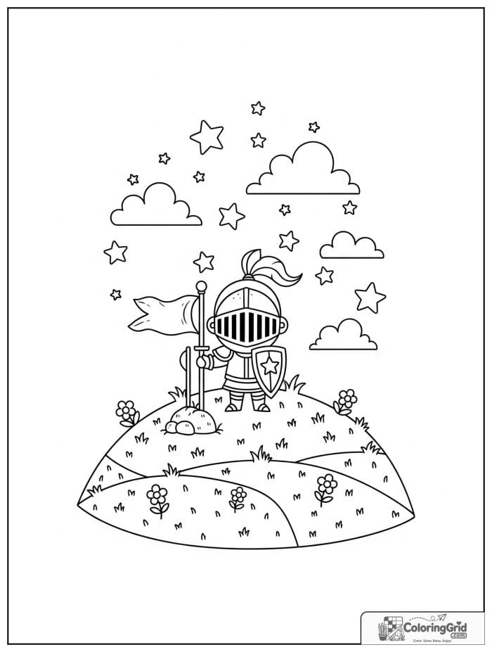 Knight Coloring Pages showing a knight planting a flag on a hill.
