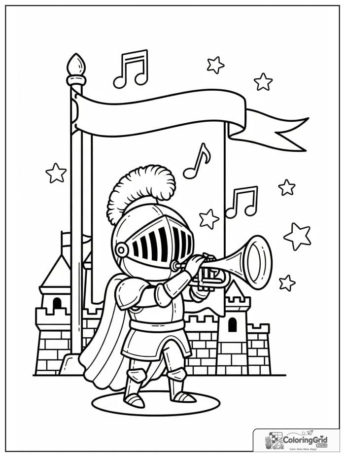 Knight Coloring Pages featuring a knight playing a trumpet.