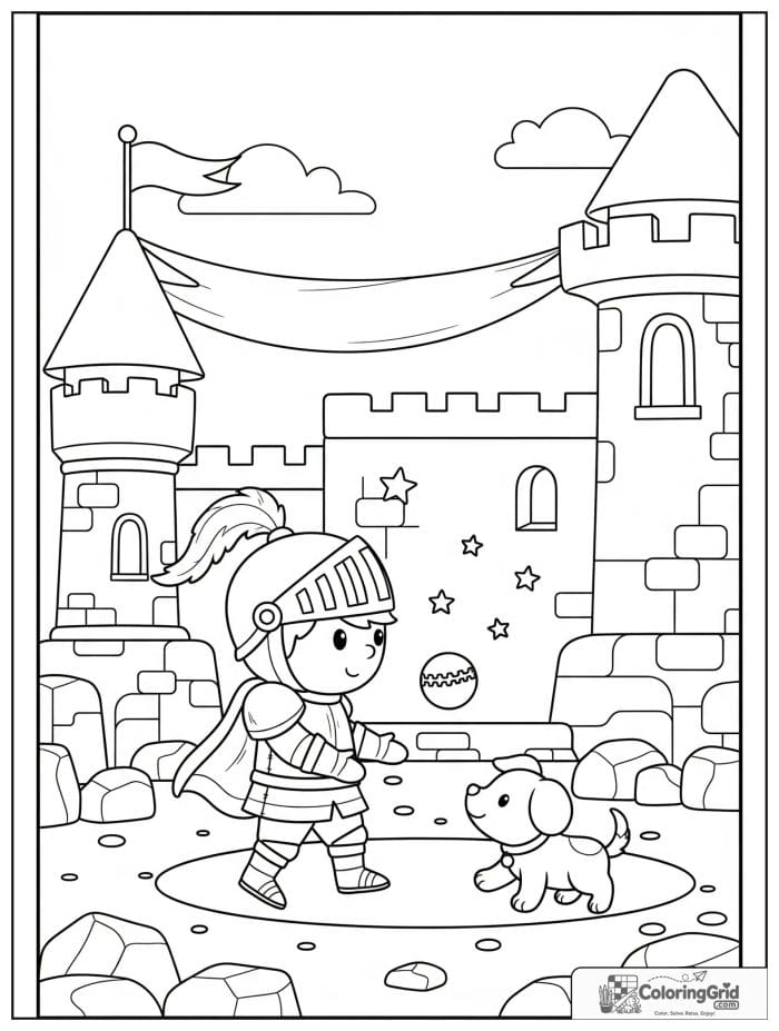 Knight Coloring Pages featuring a knight playing with a castle puppy.