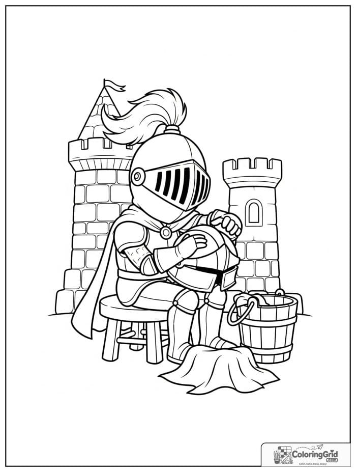 Knight Coloring Pages showing a knight polishing a helmet.