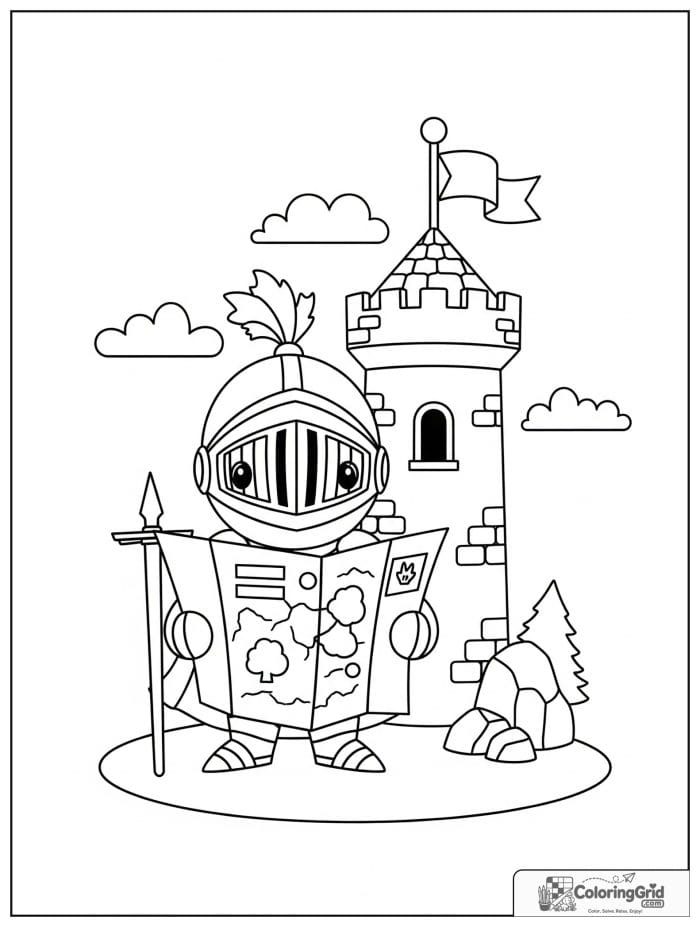 Knight Coloring Pages showing a knight reading a map by a tower.