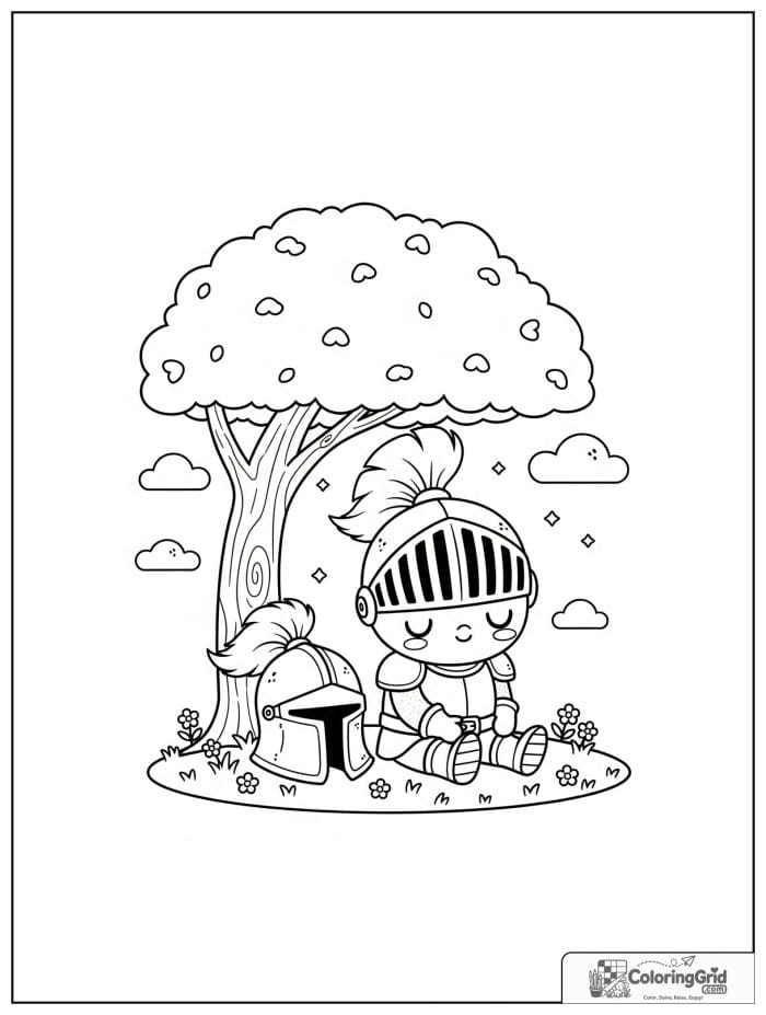 Knight Coloring Pages featuring a knight resting under a tree.