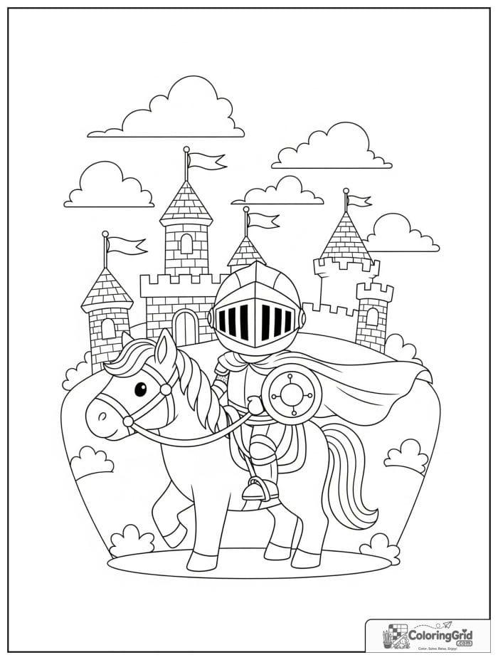 Knight Coloring Pages featuring a knight riding a horse past a castle.