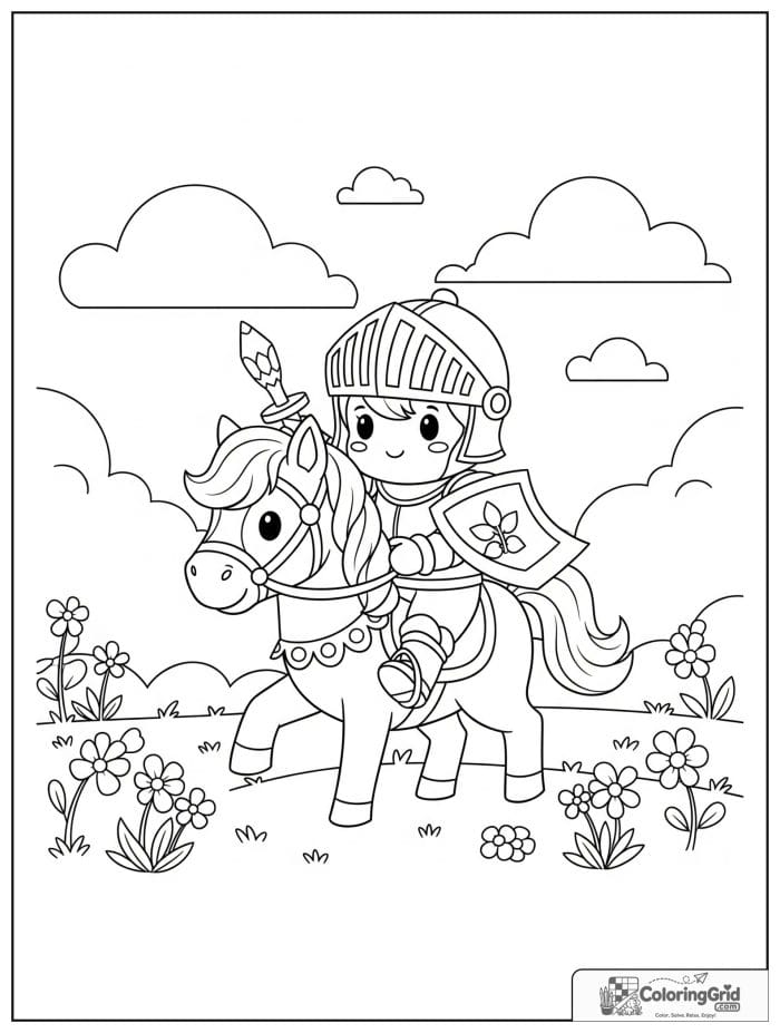 Knight Coloring Pages featuring a knight riding a pony with flowers.