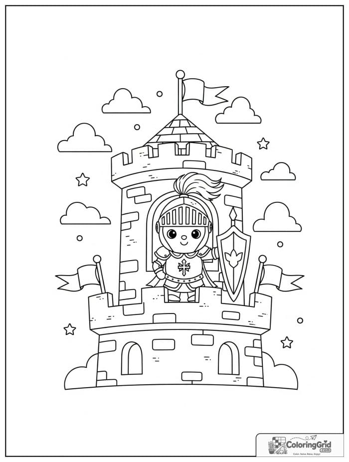 Knight Coloring Pages featuring a knight standing on a castle wall.