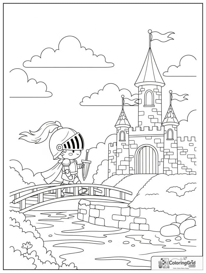 Knight Coloring Pages featuring a knight walking over a drawbridge.