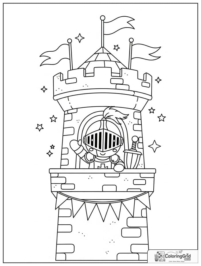 Knight Coloring Pages featuring a knight waving from a tower balcony.