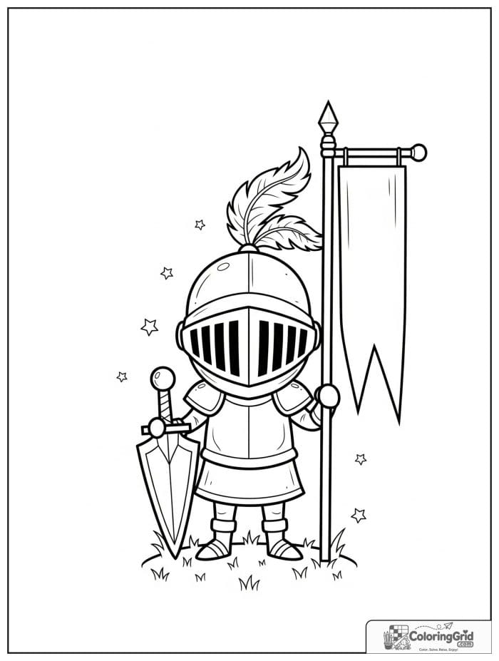 Knight Coloring Pages showing a knight with a banner and helmet.