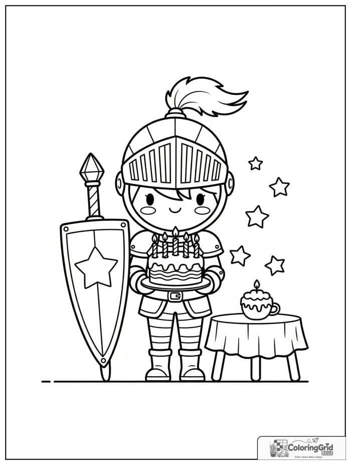 Knight Coloring Pages showing a knight with a castle birthday cake.