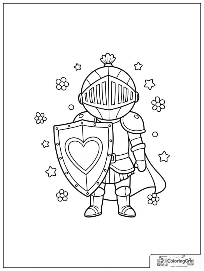 Knight Coloring Pages showing a knight with a heart shield.