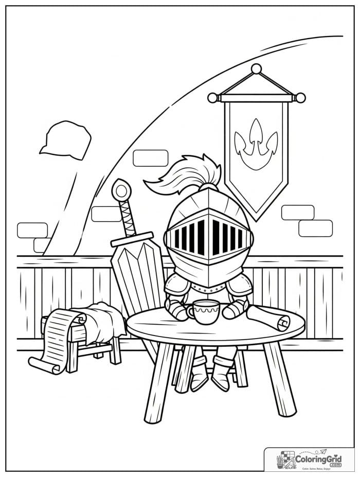 Knight Coloring Pages featuring a knight sitting at a round table.