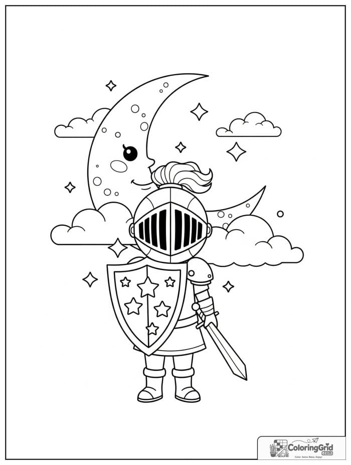 Knight Coloring Pages showing a knight with a starry shield and moon.