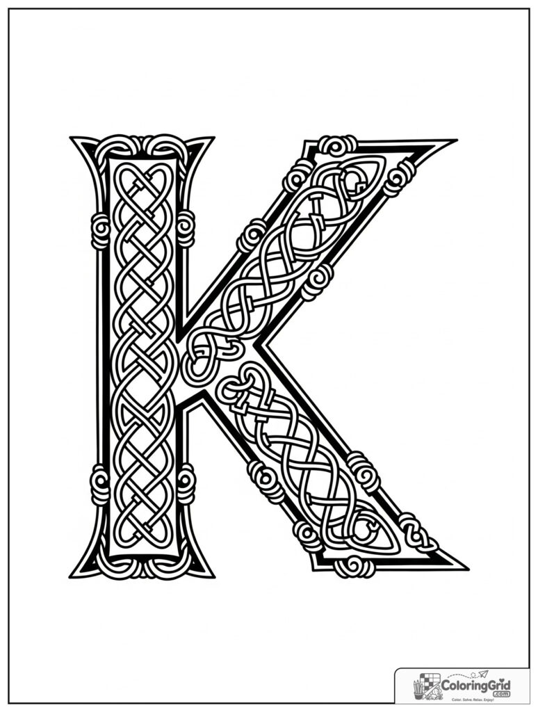 Knotwork letter K adult alphabet coloring design with interlaced pattern