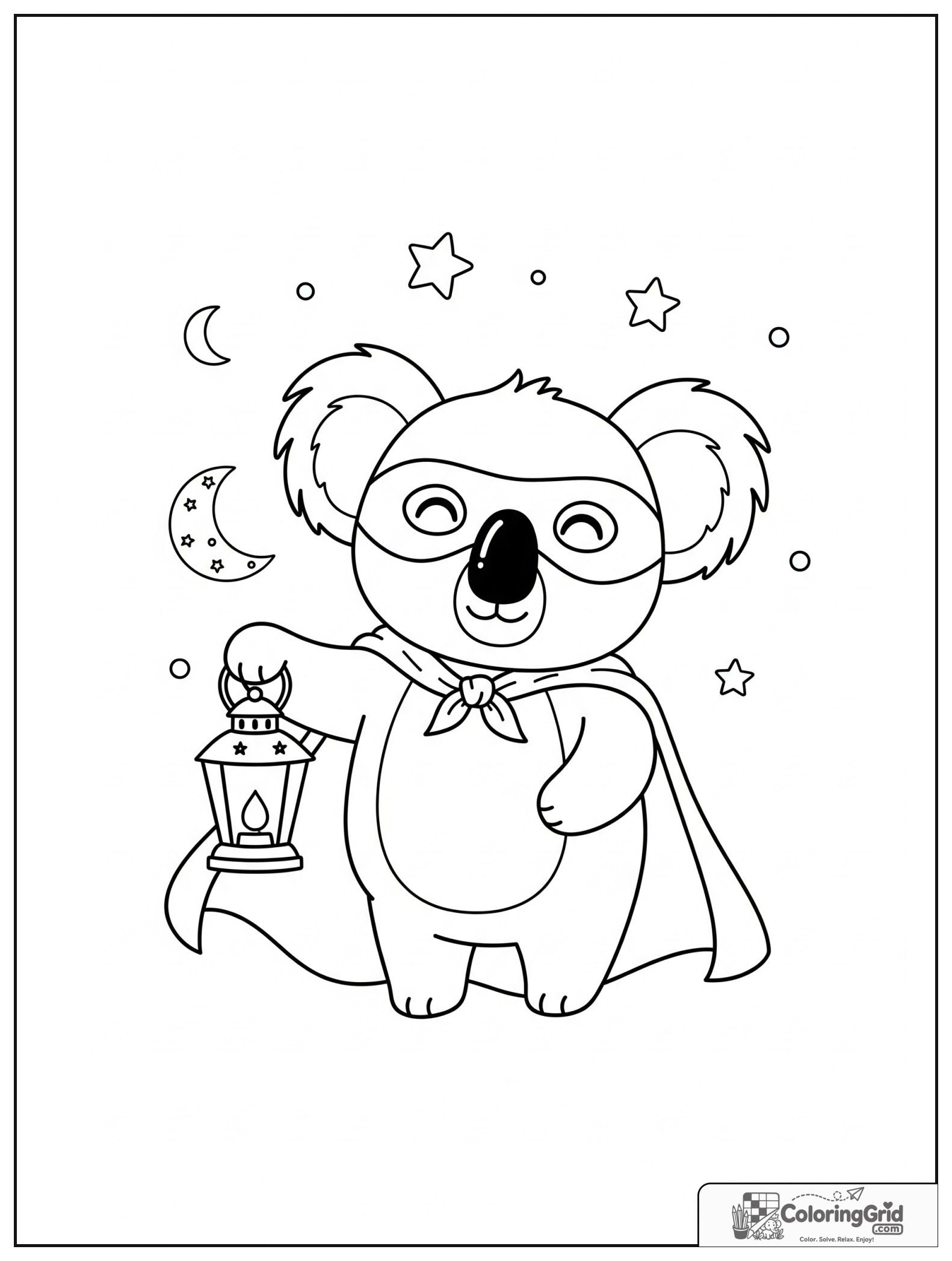 Cute koala superhero holding a lantern with small moon and star details.