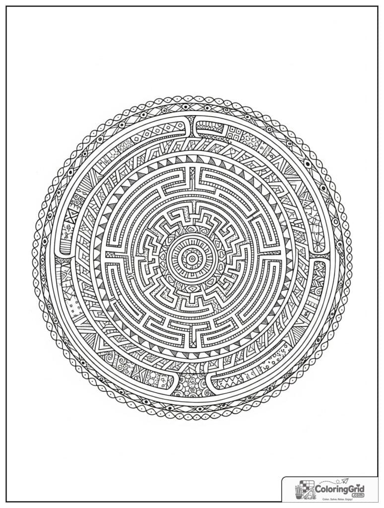 Circular labyrinth sacred geometry mandala with doodle border panels