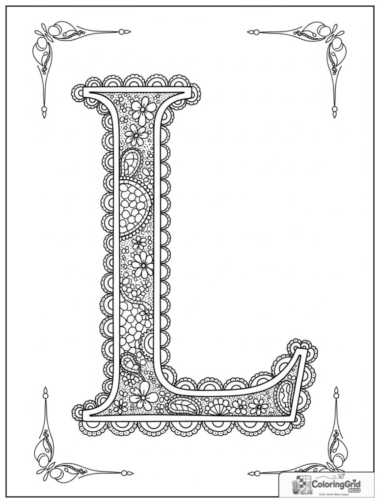 Lace letter L adult alphabet coloring design with delicate border
