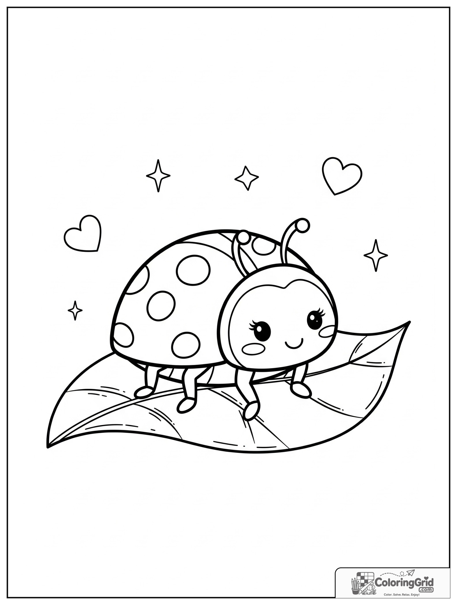 Cute ladybug on a leaf with small heart and sparkle decorations.