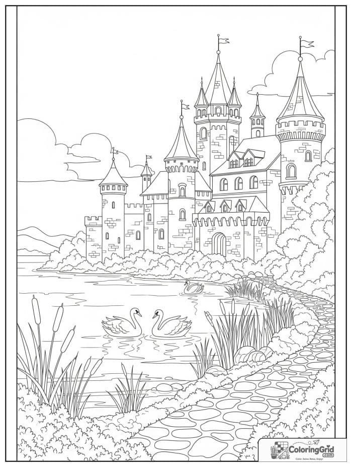 Castle coloring page featuring a lakeside castle with swans.