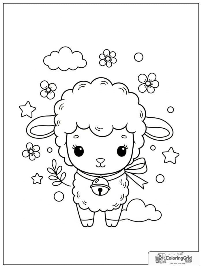 Cute lamb wearing a tiny bell ribbon.