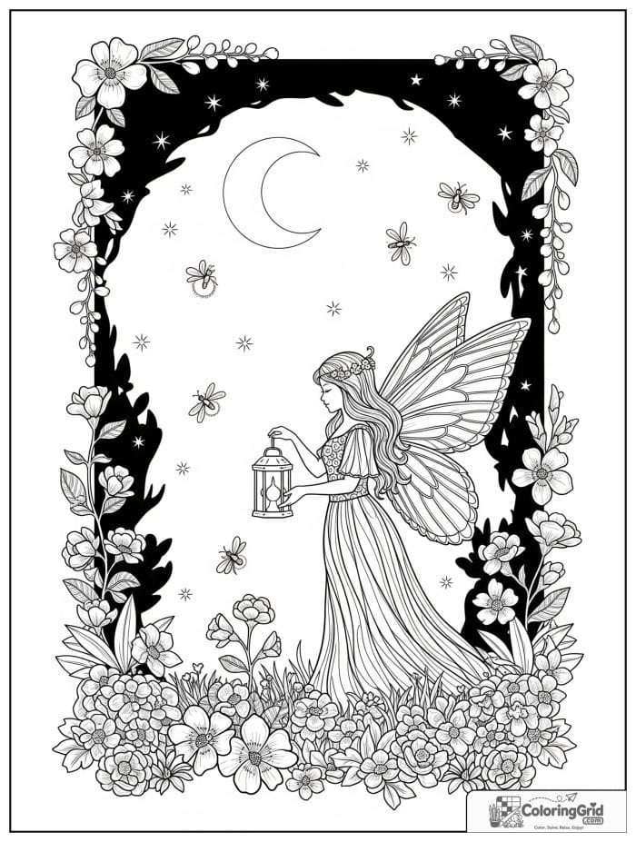Fairy coloring page featuring a lantern fairy in a night garden.