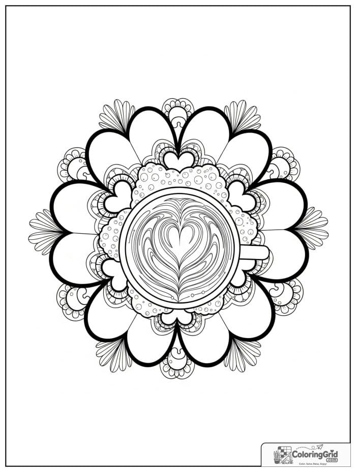 Latte art heart mandala with coffee-themed petals.