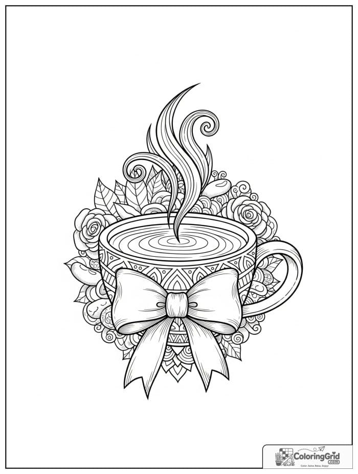 Latte mug mandala with ribbon-like steam and bean garlands.