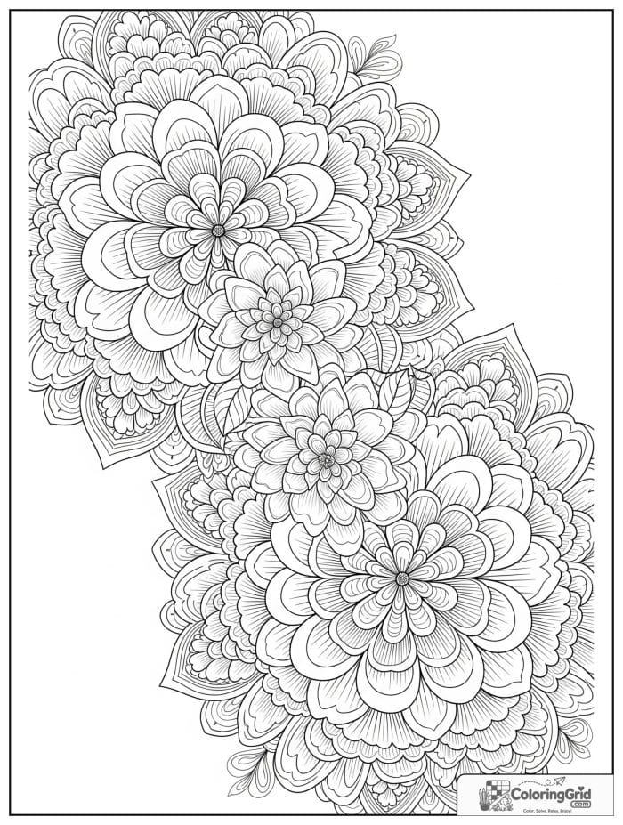 Flower mandala with many layered blossoms and curved floral bands.
