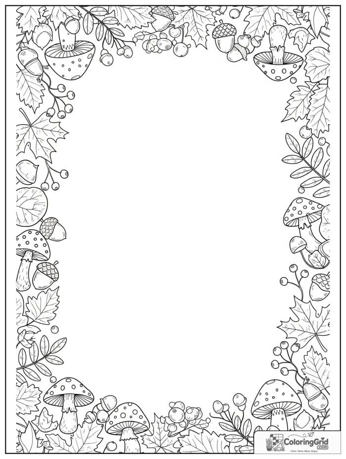 Autumn Leaves Coloring Pages showing a leaf and mushroom border.