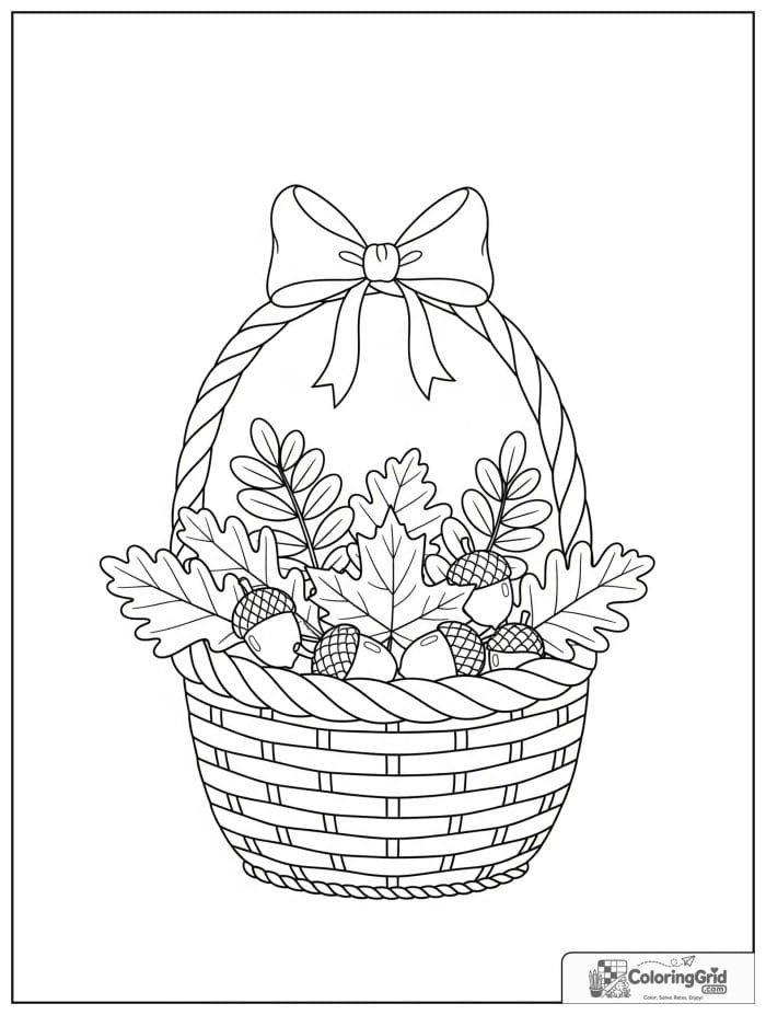 Autumn Leaves Coloring Pages showing a basket full of autumn leaves.
