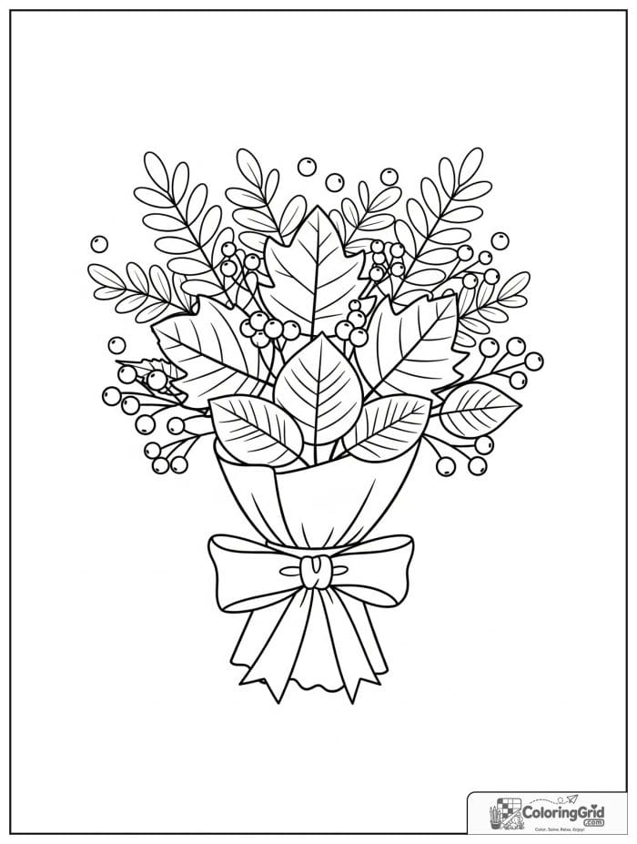 Autumn Leaves Coloring Pages featuring a leaf bouquet tied with a ribbon.