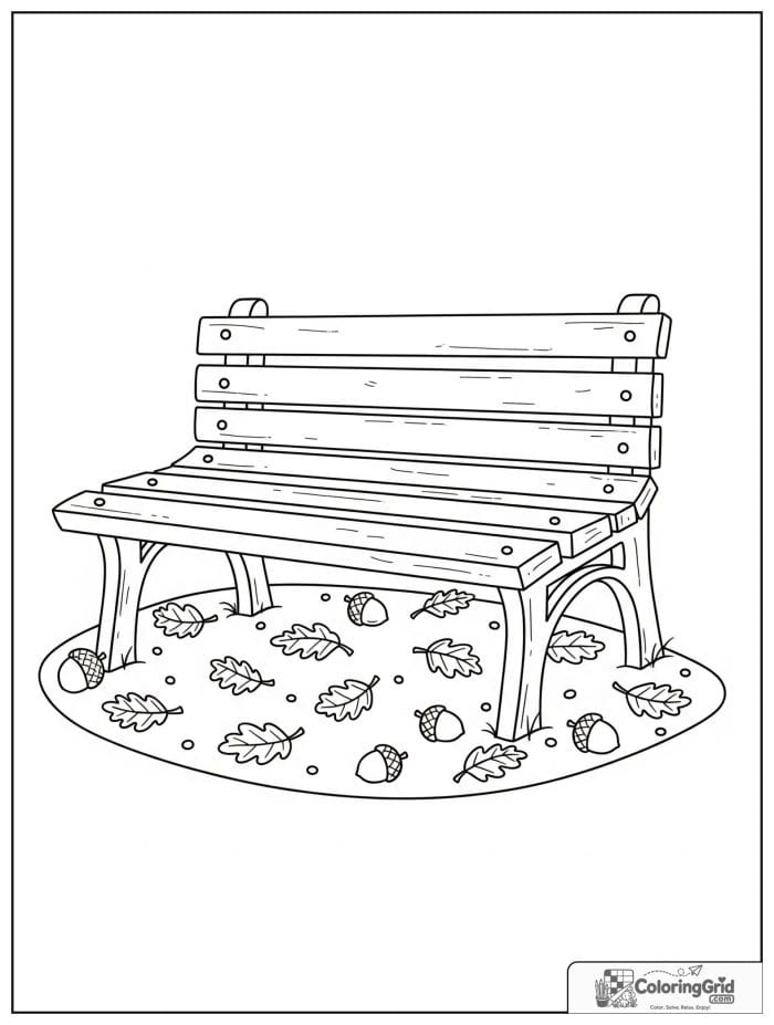Autumn Leaves Coloring Pages featuring a leaf-covered park bench.