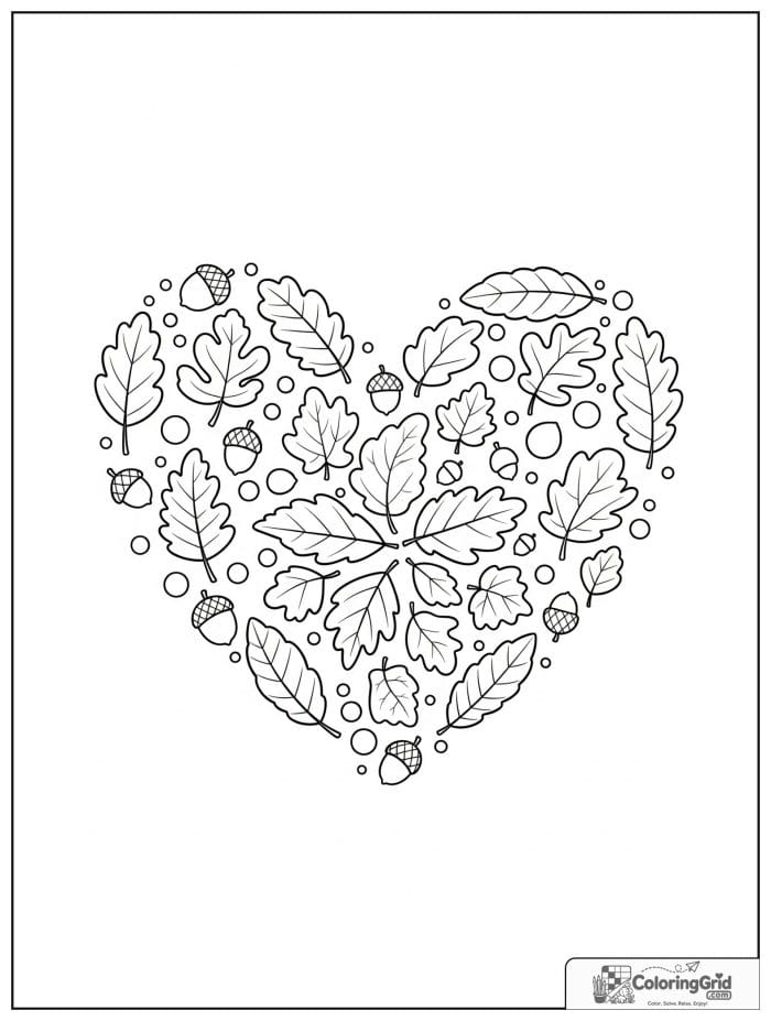 Autumn Leaves Coloring Pages showing a heart shape made of leaves.