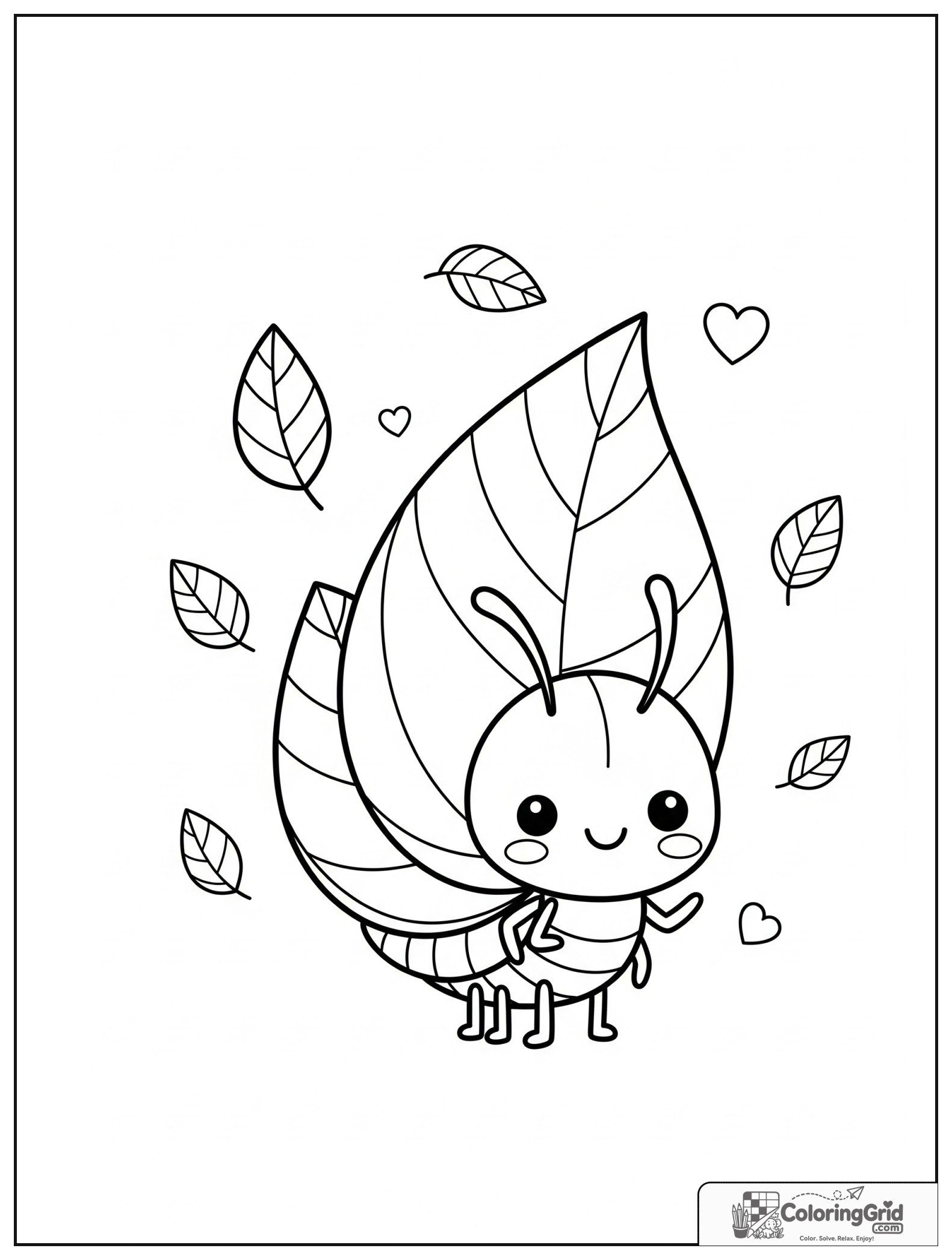 Cute leaf insect with small leaf and heart decorations.