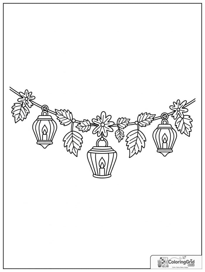 Autumn Leaves Coloring Pages showing a leaf and lantern garland.