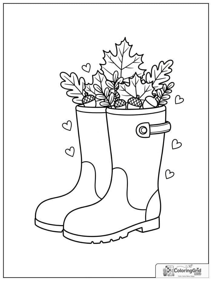Autumn Leaves Coloring Pages featuring rain boots filled with leaves.