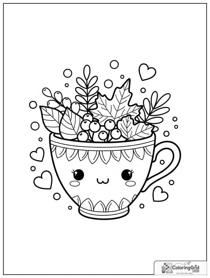 Autumn Leaves Coloring Pages featuring a teacup filled with autumn leaves.