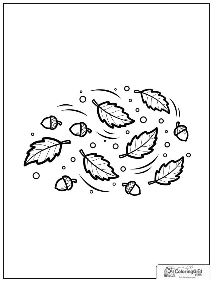 Autumn Leaves Coloring Pages showing leaves swirling in the wind.