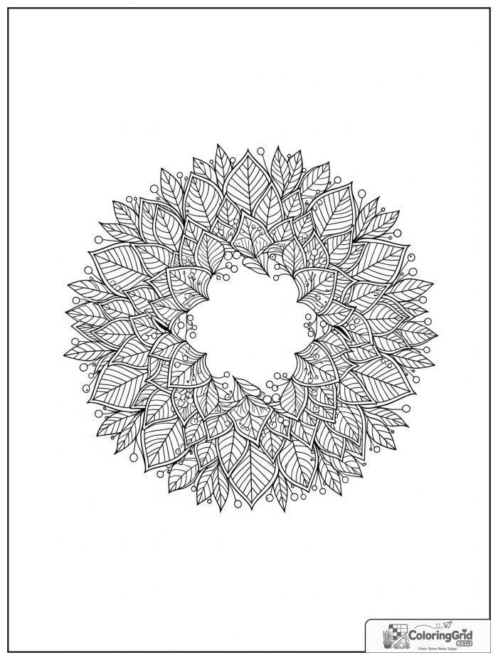 Relaxing leaf wreath mandala with curved stems and berry dots.