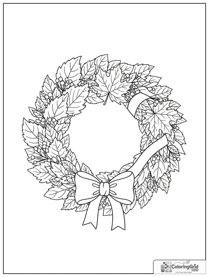 Autumn Leaves Coloring Pages featuring a leaf wreath with a ribbon.