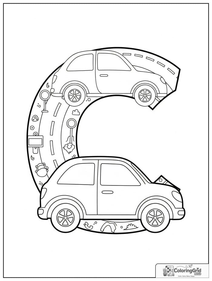 Letter C with car theme in black and white