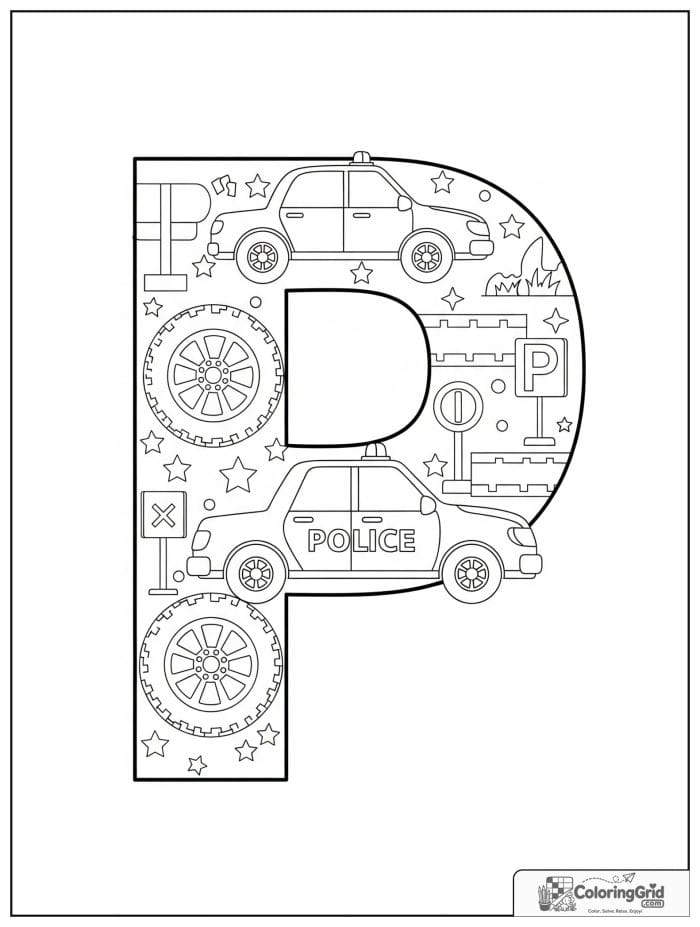 Letter P with police car theme in black and white
