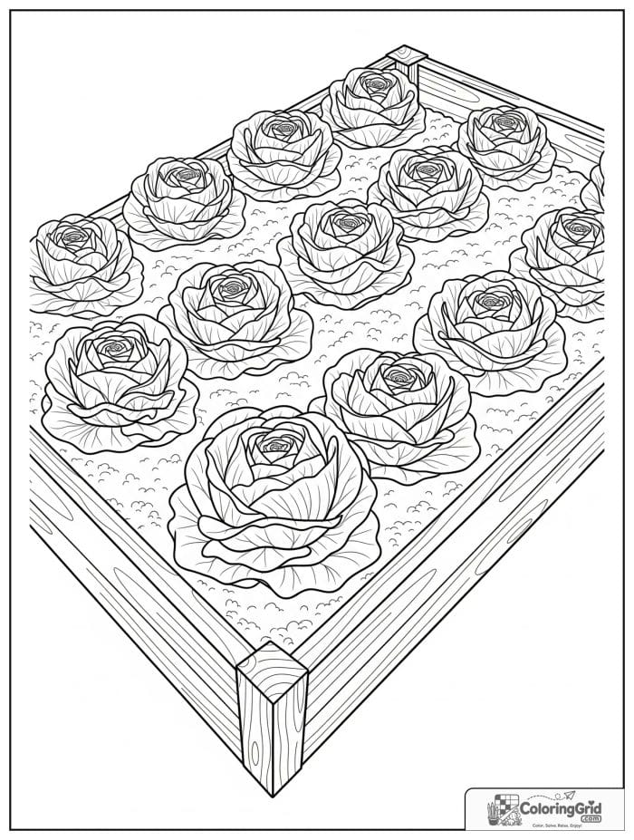 Vegetable coloring page featuring lettuce growing in a raised bed.
