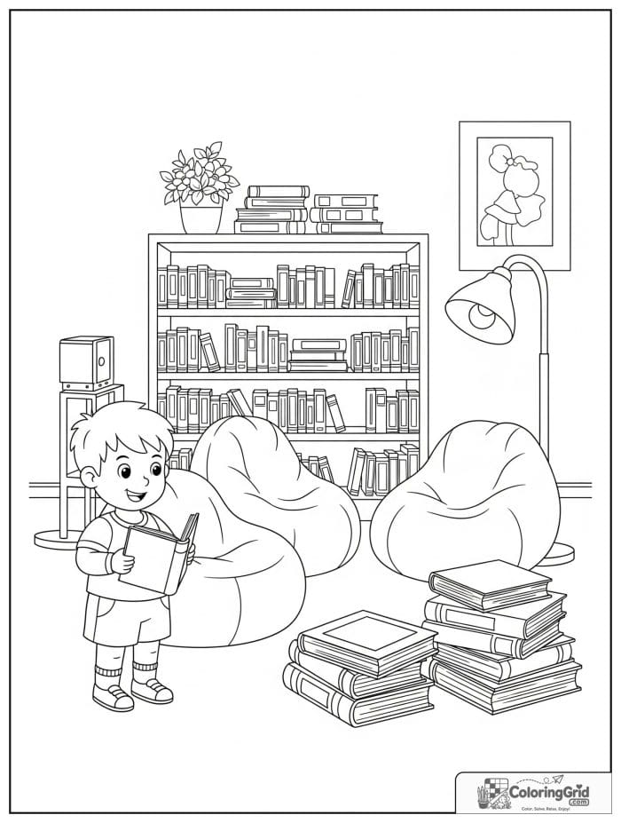 Back to school coloring page featuring a school library reading corner.