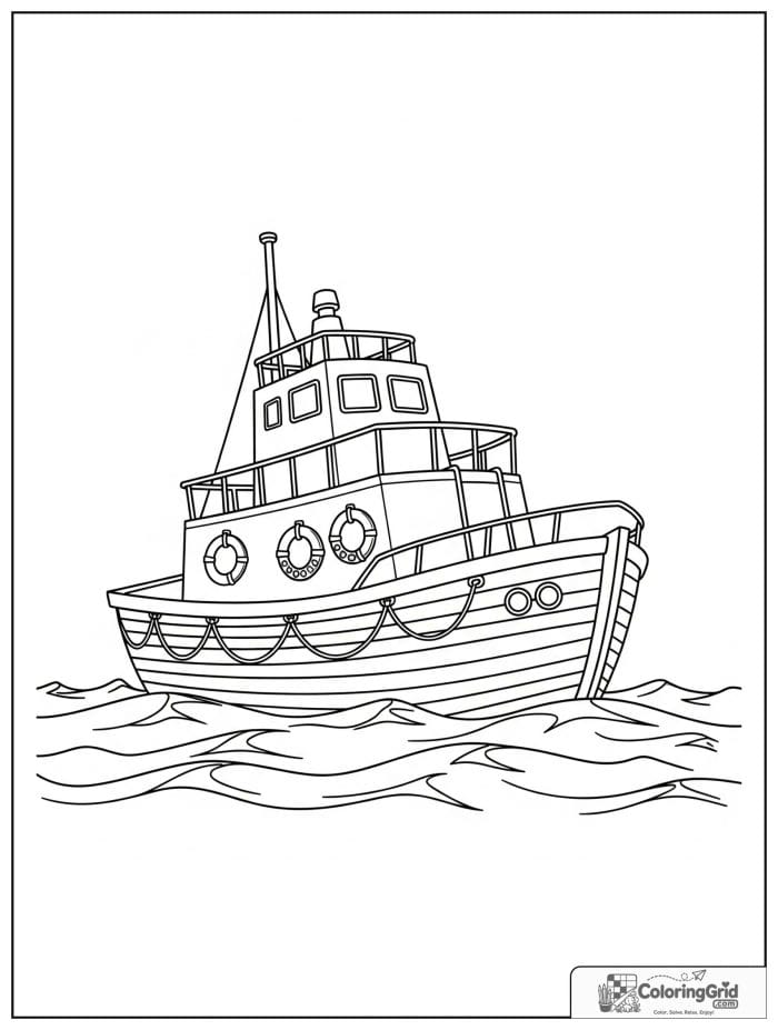Boat coloring page featuring a lifeboat on the open sea.