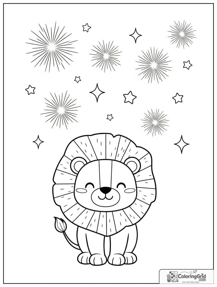 Cute lion smiling under fireworks.