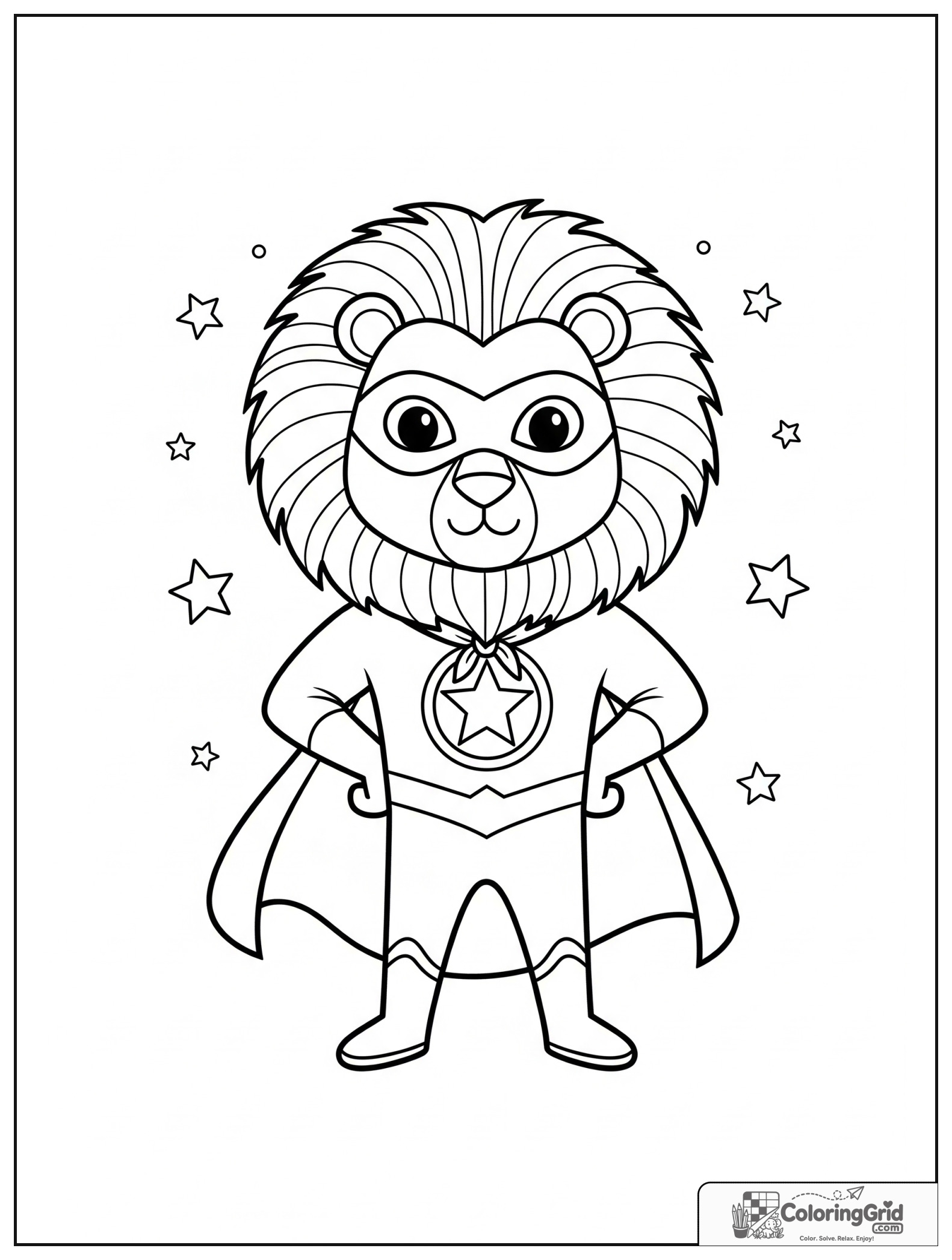 Cute lion superhero with a star emblem and small stars in the background.