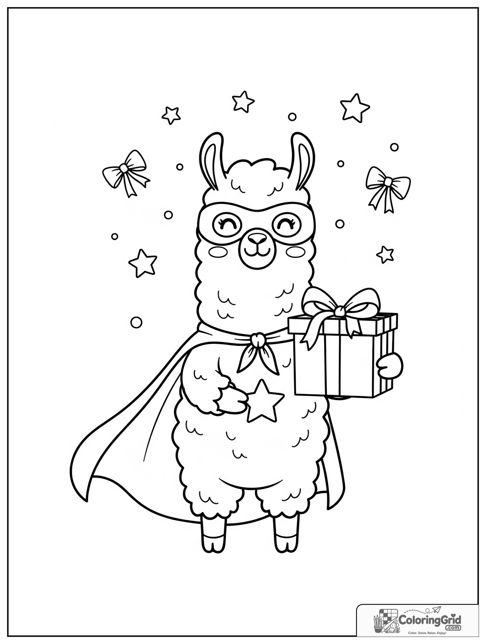Cute llama superhero holding a gift with small bow and star details.