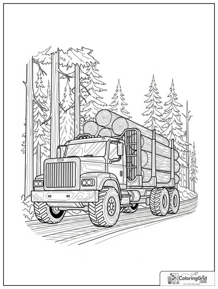 Truck coloring page featuring a logging truck on a forest road.